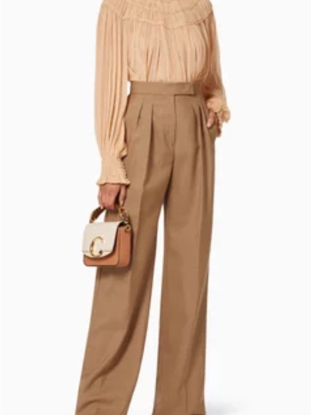 Chloé Smocked High-Neck Pleated Silk Blouse in Nude Beige - Picture 2 of 10